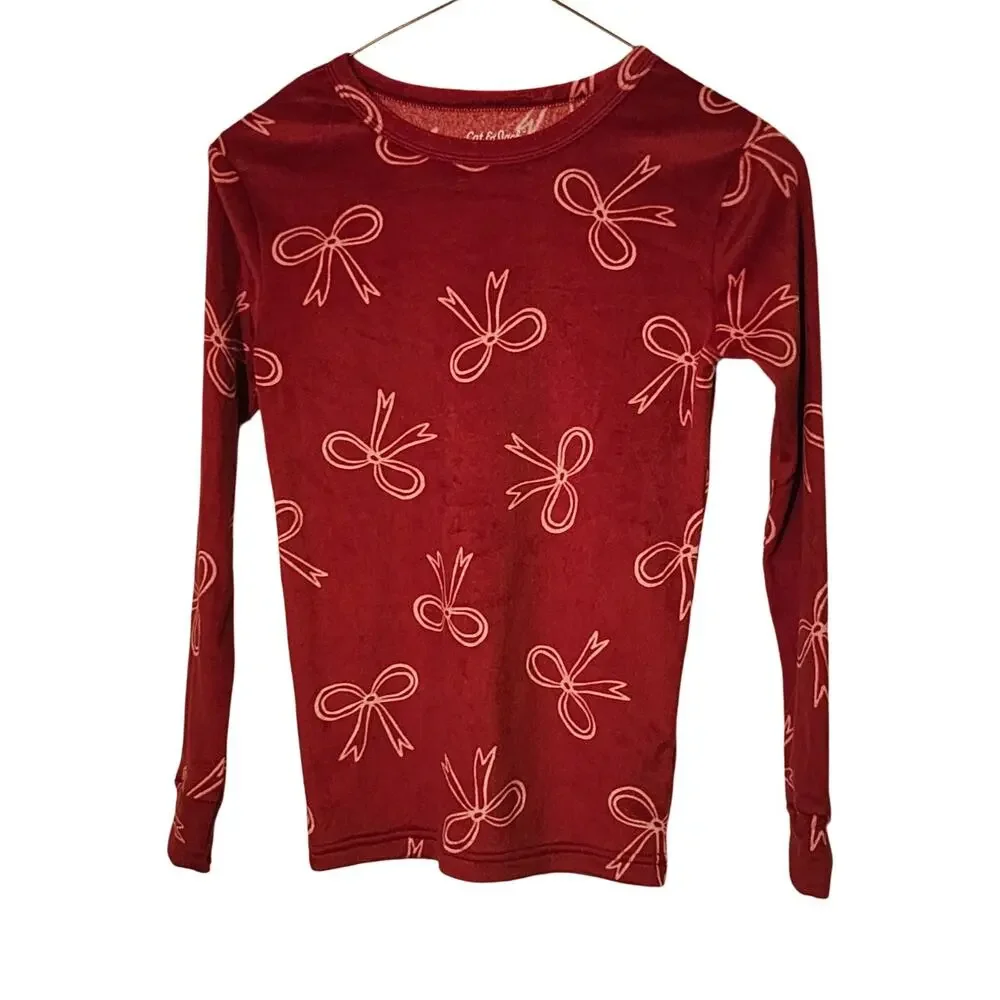 Red With Bows Fleece Long Sleeve Shirt Pull On Pants Sleep Set Girls Size 12
